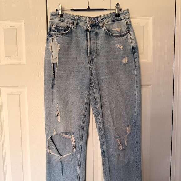 ZARA High Rise Distressed Straight Leg Jeans - Picture 1 of 8